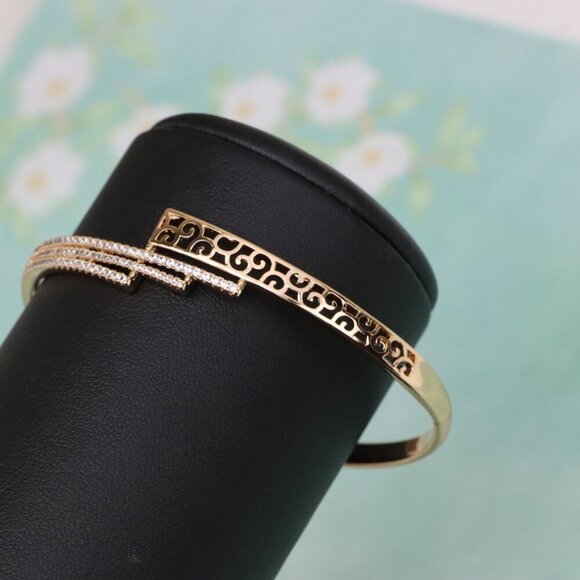 Rose Gold Bangle with Cutout Scroll Design and Triple Row Stones, XPBL0526 - Picture 6 of 12